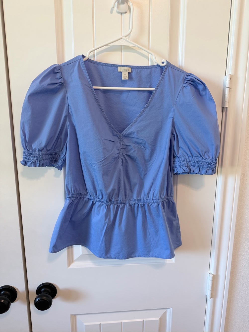 Blue Puff Sleeve Peplum V Neck Blouse XS Cottagecore